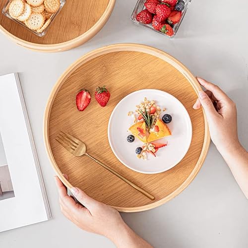 inch Bamboo Round Serving Tray, Wood Tray with Handles