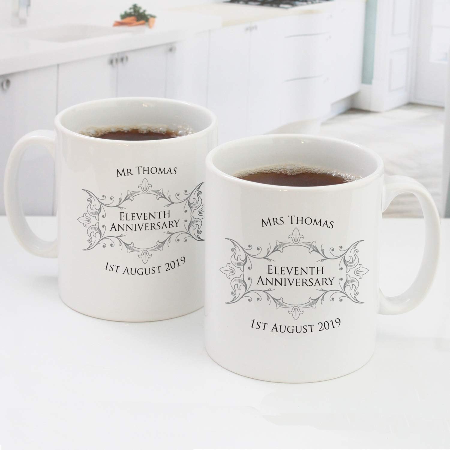 The Gift Experience Personalised Pair of Mugs - Eleventh Anniversary. Custom Design Ceramic Matching Mugs, 9cm Tall, Romantic Gifts for Couple on 11th Anniversary