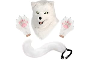 hbbhml Animal Dog Head Mask Realistic Furry Plush Tail Claw Gloves Full Wolf Masks for Halloween Party Carnival Cosplay