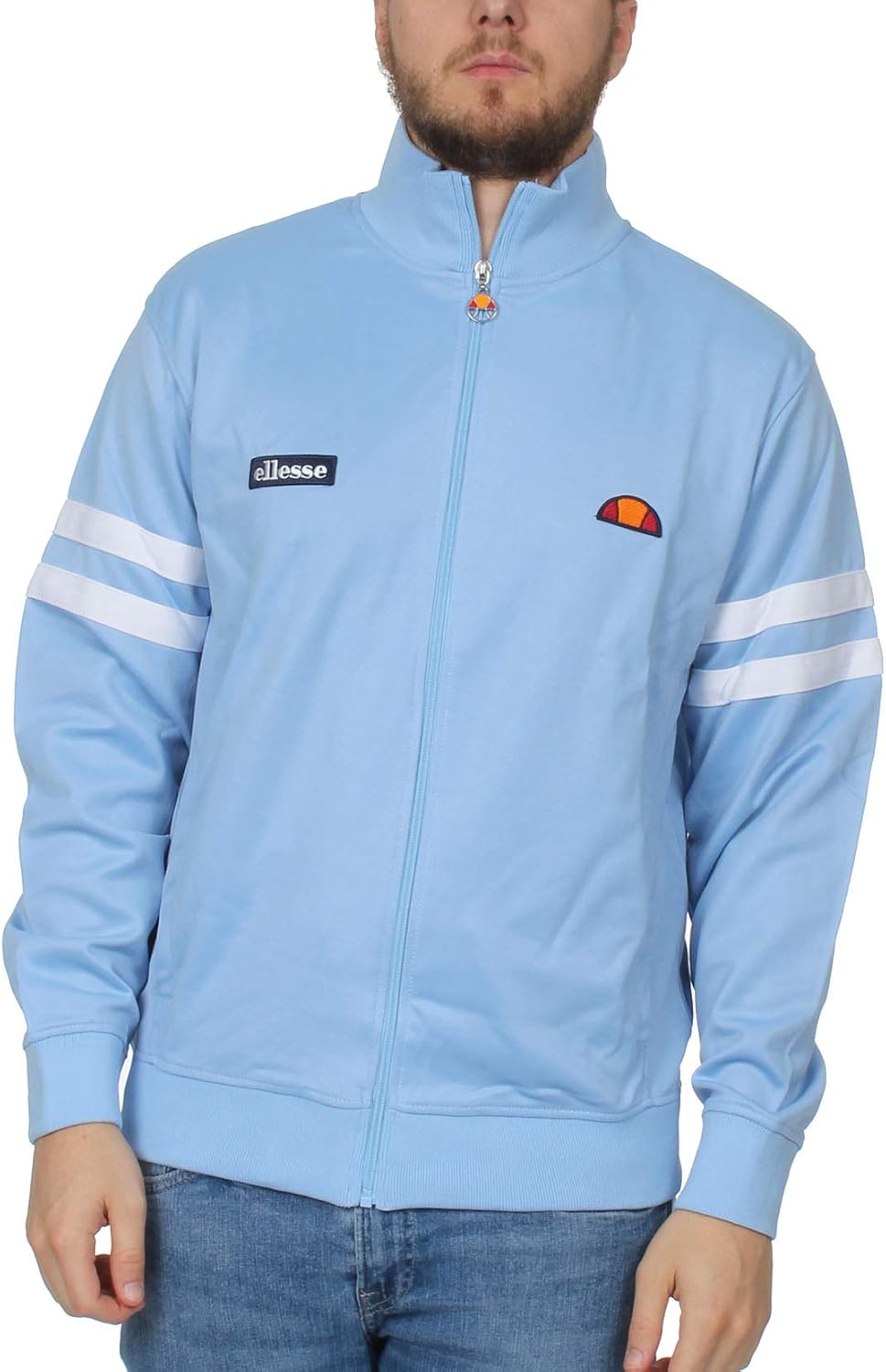 light blue track top