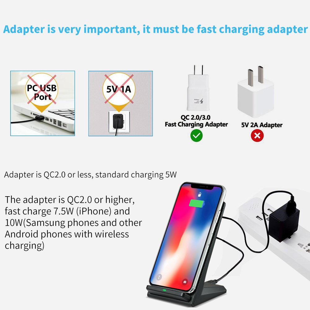 iPhone X Wireless Phone Charger with Fan 10W Qi Fast Wireless Charging Stand for Galaxy S9+Note 8 5 S8 S8+ S7 S7 Edge S6 Plus 7.5W Charge for iPhone X 8 8Plus (Without AC Adapter)