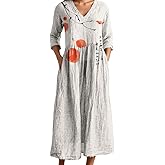 Women's Vintage Smocked Floral Print Maxi Dresses with Pockets Spring Summer Casual Colorful Long Sleeve V Neck Dress