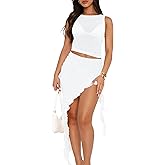 Mokoru Women's Summer 2 Piece Skirt Sets Sexy Mesh Sleeveless Tank Top High Slit Ruffle Bodycon Midi Club Dresses Outfits