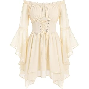 Scarlet Darkness Renaissance Costume Women Chiffon Corset Pirate Mini Dress | Bell Sleeve, Off Shoulder, Adjustable Lace-Up W
