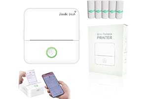 THCBME Doodle Dash Printer Mini Printer Sticker Maker Bluetooth Connection Cell Phone, Tablet with 5 Self-Adhesive Rolls Printing Paper Wireless Inkless Pocket Printer Suitable for Photos, Study (White)
