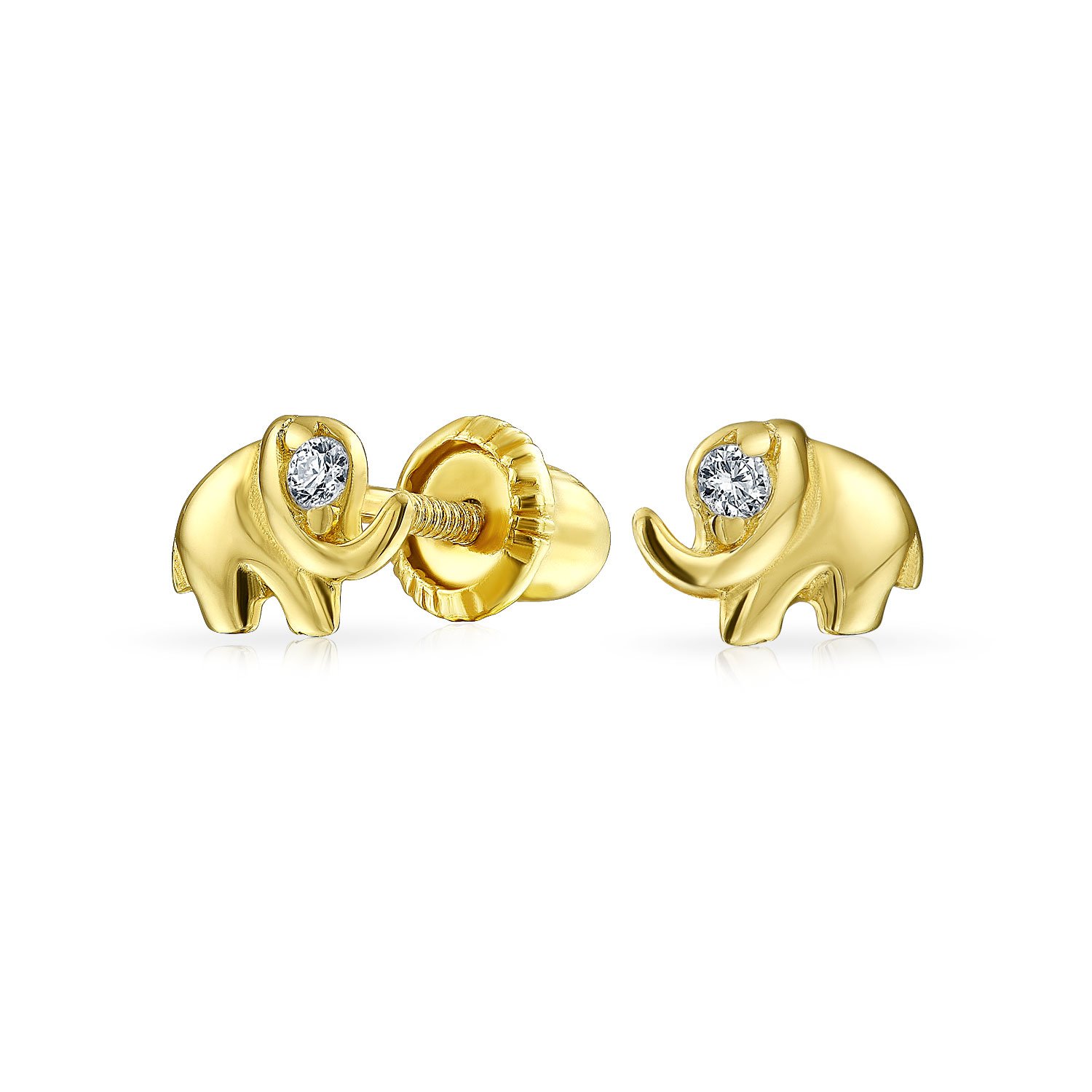 Tiny Minimalist CZ Accent Zoo Animal Lucky Elephant Real Yellow Gold Stud Earrings For Women Teen Screw-back — image 1