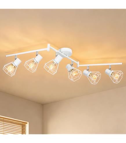 HiBay 2-Light Track Lighting – White Metal Cage Farmhouse Spotlight, 350°+90° Adjustable, E26 Base (Bulbs Not Included), Wall/Ceiling Mount