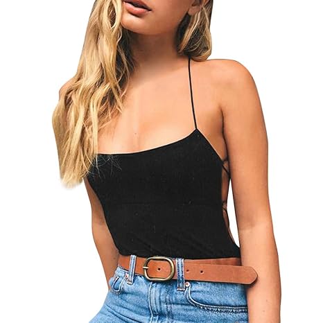 Elsta Damen Crop Top mit Kreuz Schnürung Details T-Shirt Trägertop Crop Top mit Spagehtti-Träger Tank Tops 2019 Sommer Slim F