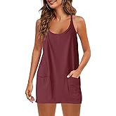 Panadila Womens Summer Sleeveless Mini Dress V Neck Spaghetti Strap Sundress Athletic Short Dress with Pockets