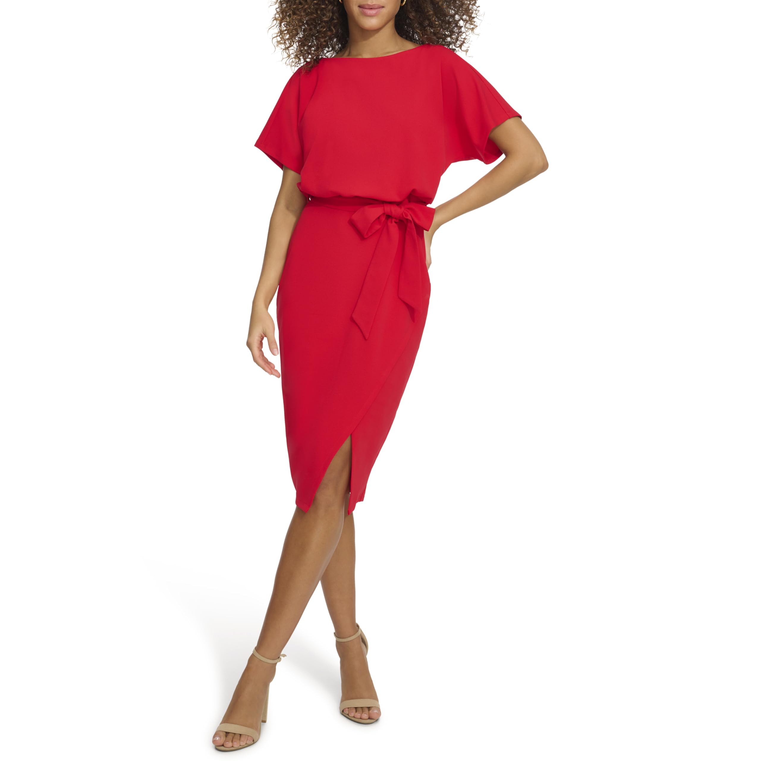 Kensie Women’s Short Sleeve Tie Waist Midi Dress, Poppy, 8