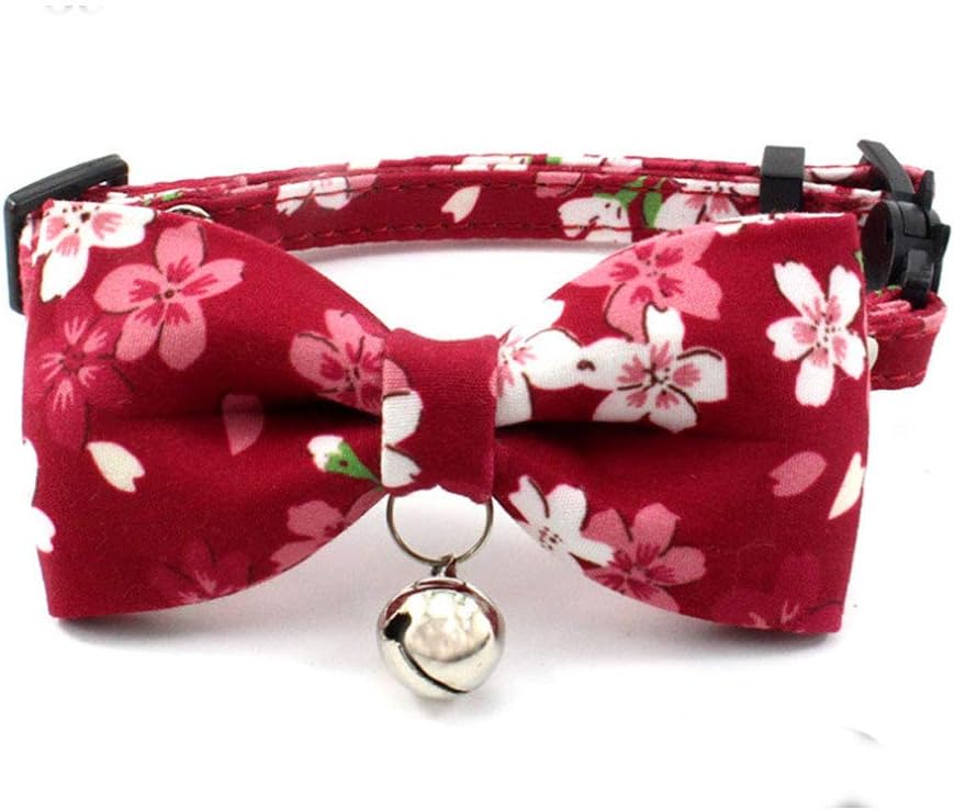 Breakaway Bowtie Cat Collar with Bell - Flower Kitten Bow Tie Kitty Puppy Clothes Accessories, Adjustable and Handmade.(Red Sakura, Size XS)