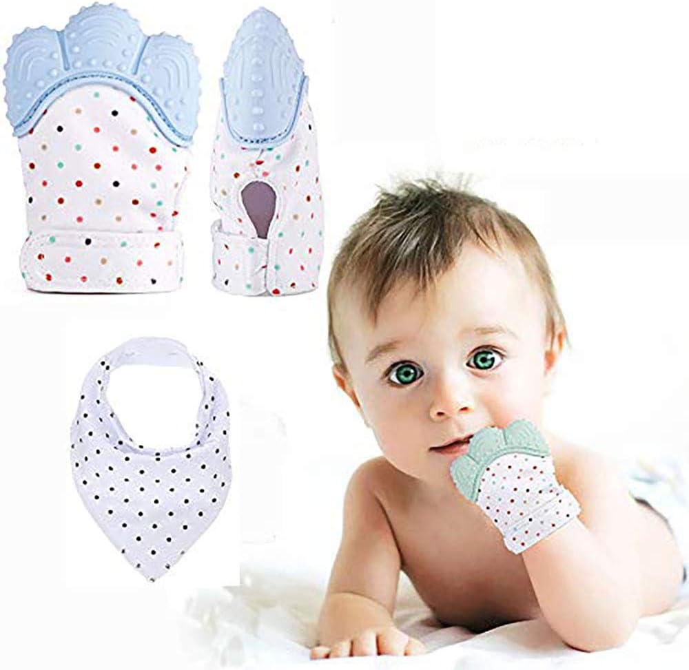 Teething Mitten Baby -2 Packs Soothing Teether Mitten Teething Toys Glove for Babies BPA Free Safe Food Grade Silicone DroolBibs Included (Blue)