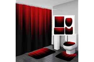 AAtter 4 Piece Red and Black Shower Curtain Dark Ombre Gothic Goth Men Cool Anime Abstract 60Wx72L Decor with Non-Slip Rugs, 