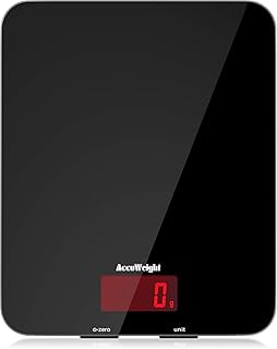 ACCUWEIGHT Digitale Küchenwaage aus Sicherheitsglas Digitalwaage mit LCD-Display und großer Wiegefläche Haushaltswaage bis zu 5kg, 1g Teilung, schwarz, Tara-Funktion