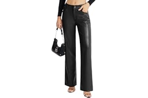 VILIGO Women's Faux Leather Pants Button PU Jeans Straight Wide Leg Trousers with Pockets