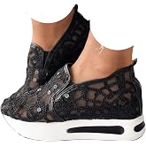 Floral Embroidery Sneakers for Women 2026 Fashion Comfortable Breathable Sheer Mesh Lace Sneakers Slip on Sequin Lace Platform Hidden Wedge High Top Dressy Casual Walking Shoes