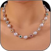 Daisy Pearl Choker Necklace for Women Colorful Rhinestone Flower Pearl Choker Necklace Dainty Pearls Statement Necklaces Wedding Bridal Jewelry Gifts