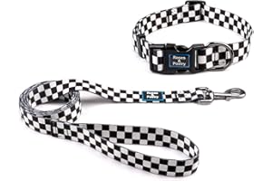 Roses&Poetry Dog Collar and Leash for Small,Adjustable Durable 5ft Puppy Leash Collar for Dog Training Lead（Black & White-S）