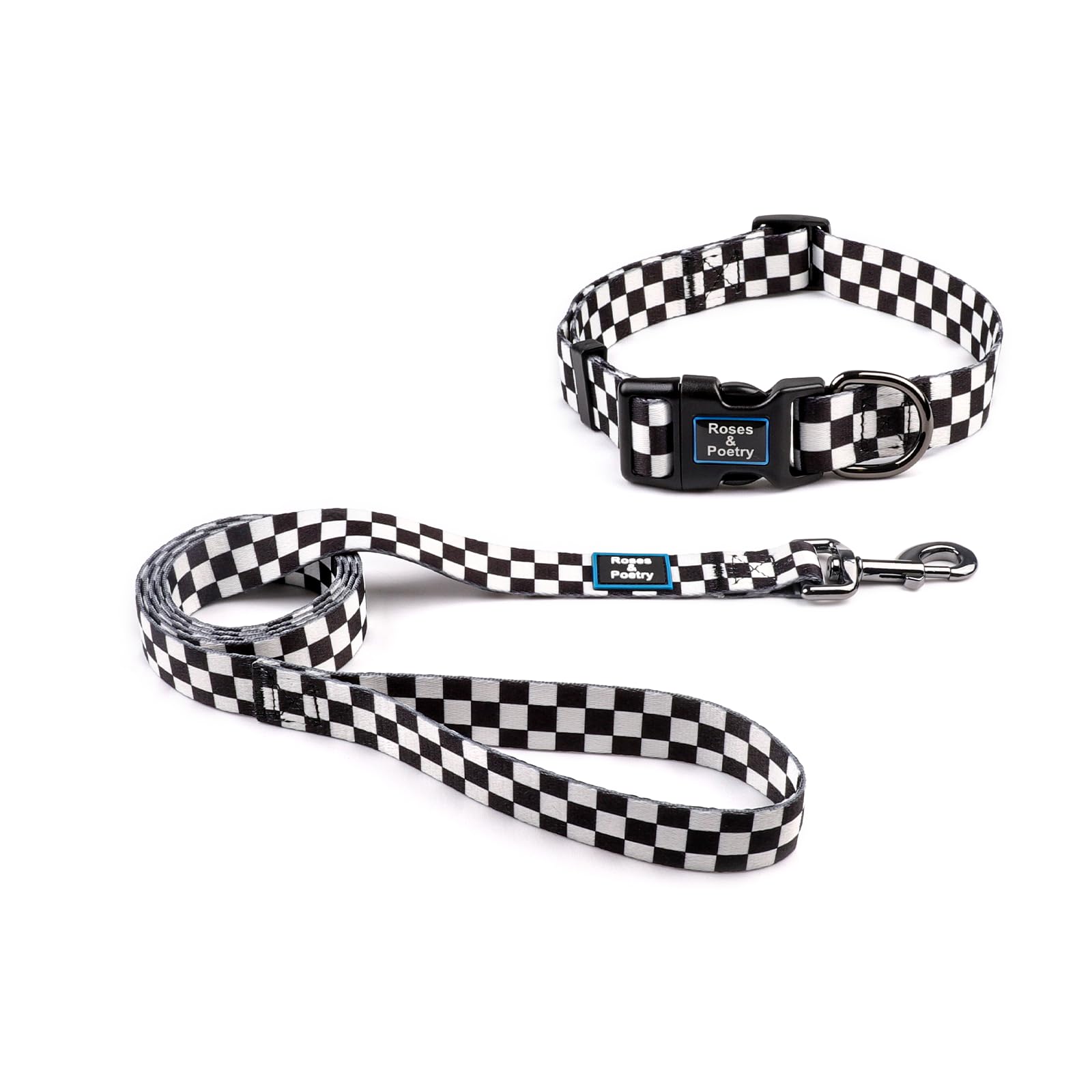 Roses&Poetry Dog Collar and Lead for Small,Adjustable Durable 5ft Puppy Leash Collar for Dog Training Lead（Black & White-S）