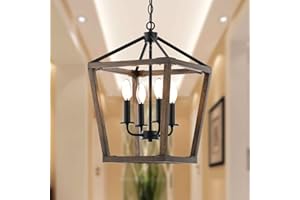 3WWWUEE 4 Lights Farmhouse Kitchen Island Lighting,Dining Room Black Wood Chandelier,Rustic Lantern Pendant Lighting for Hallway Foyer Entryway.E12 Bulb,12.6”*H18.1”, Height Adjustable.