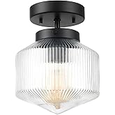GLOBE Electric 66000078 1-Light Flush Mount Ceiling Light, Matte Black, Ribbed Clear Glass Shade, Modern Lighting for Bedroom