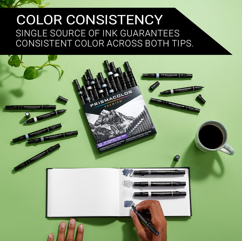 Prismacolor Premier Double-Ended Art Markers, Fine And Chisel Tip, Cool Grey, Adult Coloring, 12 Pack