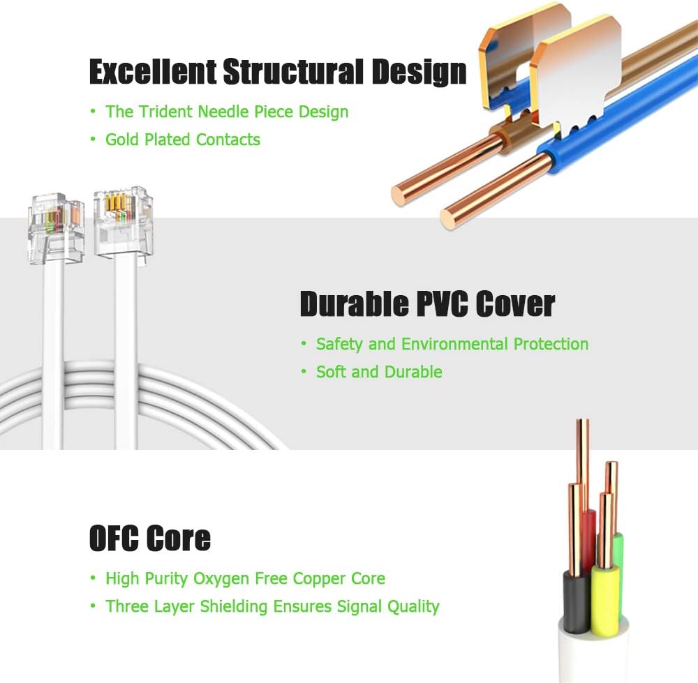 RJ11 Telephone ADSL Cable Cord 1M, Ancable 6P4C Telephone Plug High ...