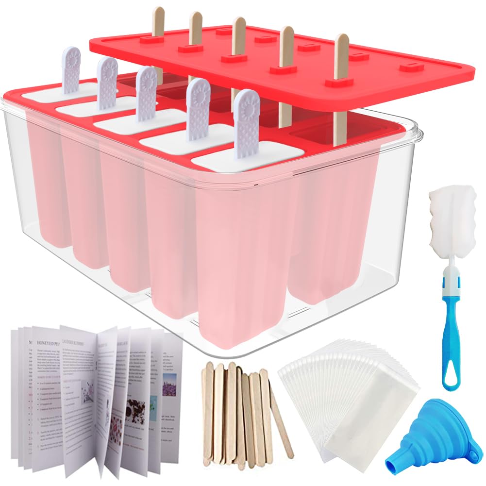 Photo 1 of Miaowoof Homemade Popsicle Molds, 10-Cav Non-BPA Silicone Ice Pop Maker, with 50 Sticks, 50 Bags, 10 Reusable Sticks, Funnel, Brush and Ice Pop Recipe (Red+Bin)