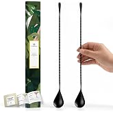 Homestia 2Pcs Bar Spoon, 12'' Cocktail Mixing Spoon, Drink Stirrers, Black | Stainless Steel Long Handle Spiral Design with Weighted Teardrop End, Professional Spoon for Bartenders, Home Bar Mixing