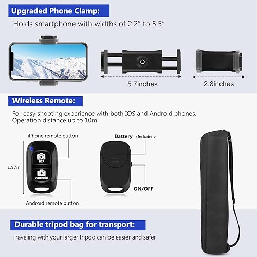 Aureday 74" Camera Tripod With Bag & Wireless Remote – Adjustable, Phone Holder, Fits DSLR, Webcam, More (Black)