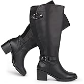 Chicblooms Women's Extra Wide Calf Knee High Riding Boots with Block Heel and Decorated Double Buckle