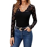 ACWUMU Women's Lace Long Sleeve Top Sexy V-Neck Slim Fit Bodysuit Blouse Party Club Night Lace Shirts