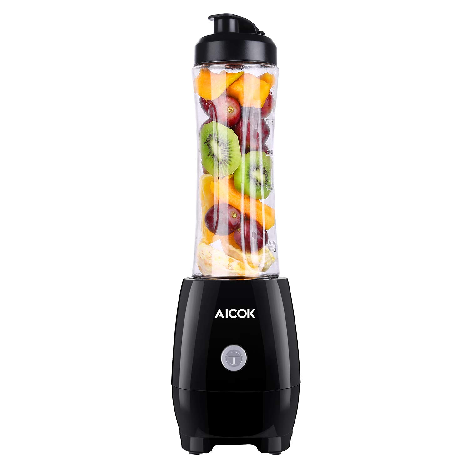 Aicok Mini Blender, Smoothies Mixeur, Bouteille de Tritan 600mL Sans BPA, Moteur Puissant et 4 Lames en acier inoxydable, pour Milk-shake, Smoothies et Jus de Fruits et Legumes, 300W, Noir
