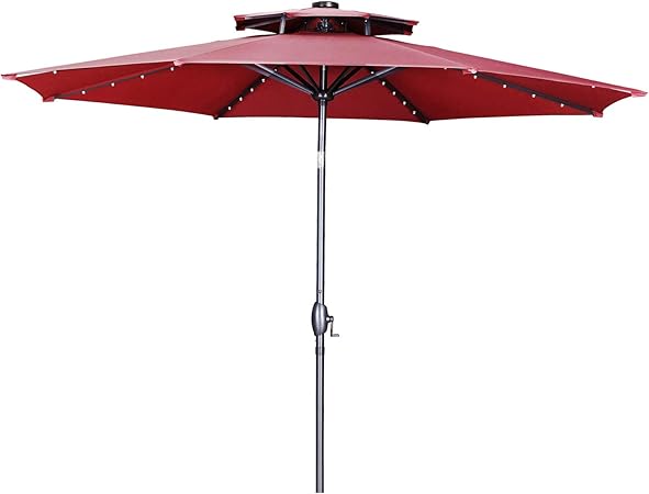 Amazon Com Gdy 2 Tiers Vented 10ft Solar 40 Led Lighted Patio Umbrella Outdoor Waterproof Table Umbrellas With 8 Sturdy Ribs Red Garden Outdoor