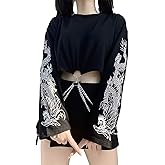 TSMNZMU Womens Gothic Crop Tops Punk Dragon Print Shirt Long Sleeve Crewneck Grunge Alt Emo Tops with Iron Chain