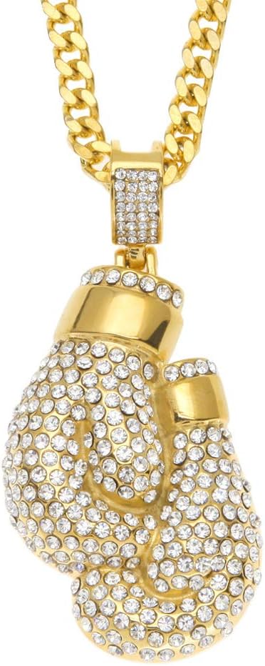 Hip Hop Fitness Plated 18K Gold Stainless Steel Boxing Gloves Pendant Crystal Necklace