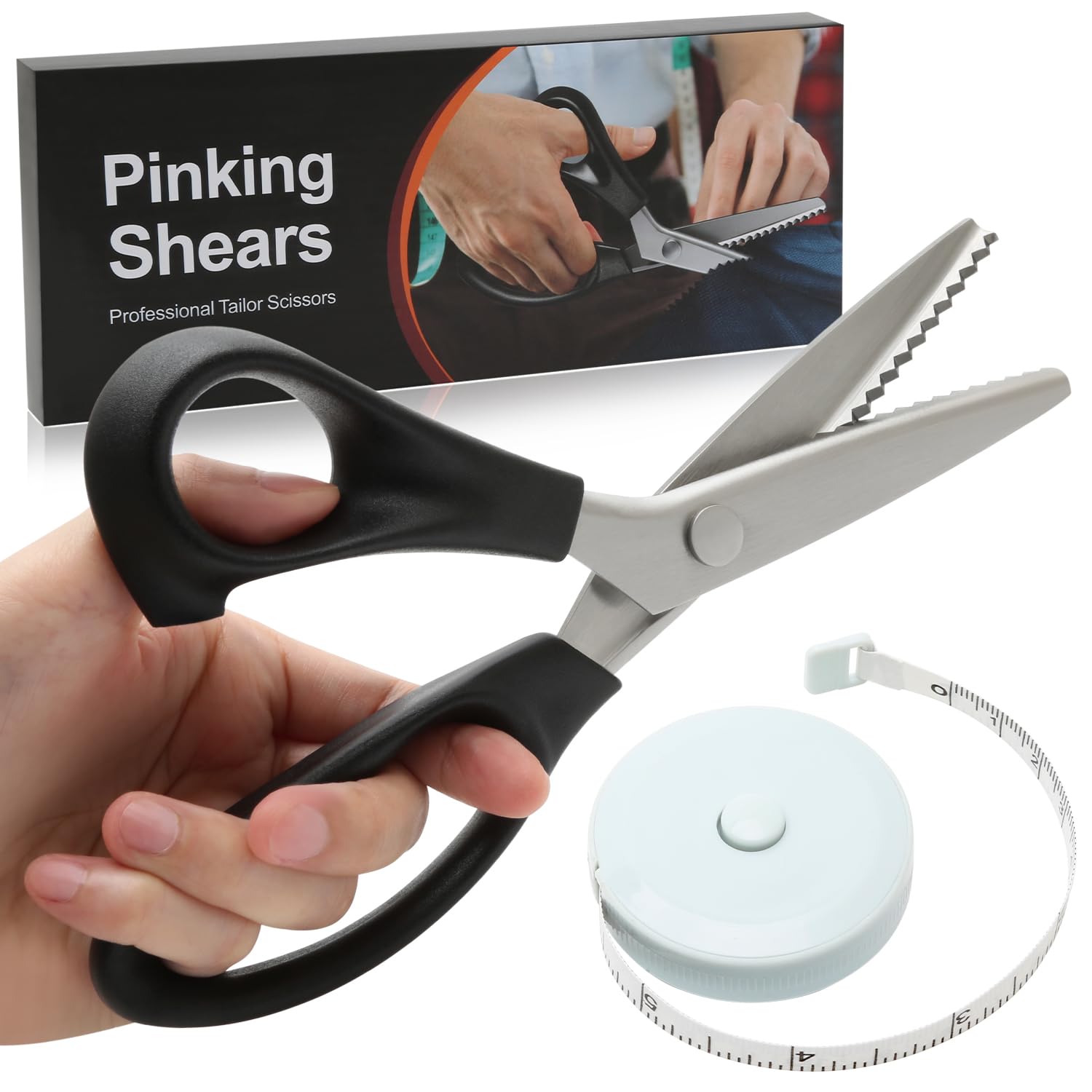 Pinking Shears, Stainless Steel Sharp Zig Zag Scissors 23cm/9inch Serrated Paper Fabric Scissors for Fabric Cutting Dressmaking Crafting with Sewing Tape Measure for Adults (Serrated 5mm)