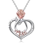 POPKIMI Gifts for Mom Grandma Nana 925 Sterling Silver I Love You Necklace Rose Flower Love Heart with Crystal Jewelry for Women