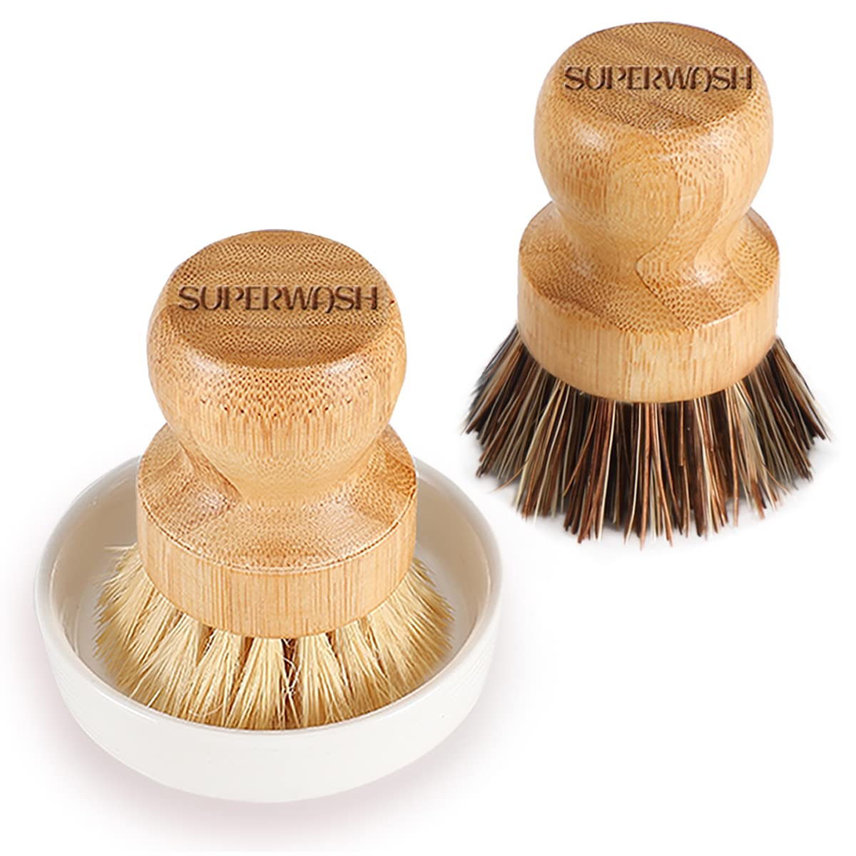 Photo 1 of **MISSING BRUSHES** SUPERWASH PLUS Bamboo Dish Brush with Ceramic Dish, Natural Bristle Palm Brush Pot Scrubber for Cast Iron Pans Vegetables and Kitchen Sink Cleaning - 2 Pack