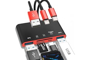 JOOPSHEE 5-in-1 Memory Card Reader, USB OTG Adapter & SD Card Reader for i-Phone/i-Pad, USB C and USB A Devices with Micro SD & SD Card Slots, Supports SD/Micro SD/SDHC/SDXC/MMC(BlackRed)