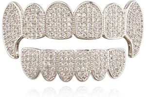 JOIZPAPA Diamond Vampire Fangs Grillz Gold Plated Shiny Hip Hop Teeth Grillz Caps Iced Out Top and Bottom Grills for Men and Women