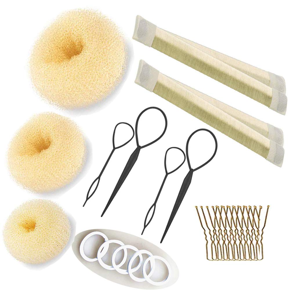 Hair Bun Maker Set Brown/Blonde/Black, The EASIEST Way to Make Buns, 3 Donuts + 2 Snap Bun Makers + 4 Topsy Tail Hair Tool + 5 Hair Elastic Bands + 10 Bobby Pins: Beauty