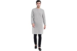 SKAVIJ Men's Handloom Cotton Solid Round Neck Henley Long Sleeves Knee Length Casual Shirt