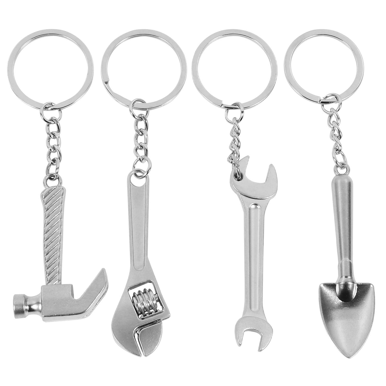 4Pcs Mini Construction Hardware Tool Keychain Metal Wrenth Shovel Toy Keyring Car Keyholder for Boys Men (Random style) (Silver)