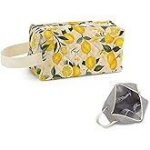 SuoSycorax Lemon Printed Quilted Makeup Pouch for Women - Velvety Polyester Cosmetic Organizer w/Triple Compartments, Travel & Makeup Brush Holder
