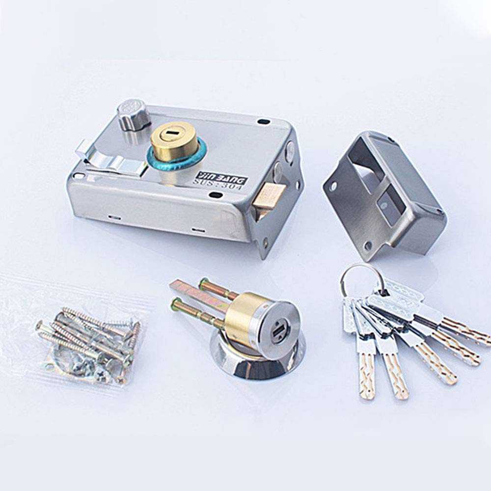 SEIWEI Door Lock External Night Latch Push Sliding Gate Lock High Security for Home or Workplace, Silver, 5 Keys, Open Right with Side