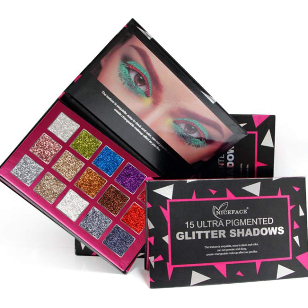Glitter Eyeshadow Palette 15 Colors Highly Pigmented Mineral Foiled Long-Lasting Shimmer Powder Eye Shadow Palette Waterproof Makeup Kit (Glitter)
