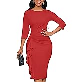 Yajedo Church Dresses for Women 3/4 Sleeve Bodycon Ruffle Vintage Wear to Work Pencil Midi Dress