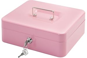 PACOLO Steel Cash Box with Key Lock, Metal Small Money Organizer with Money Tray,Cash Storage Box with Lockable Cover (Pink - 9.8" x 7.8" x 3.3")