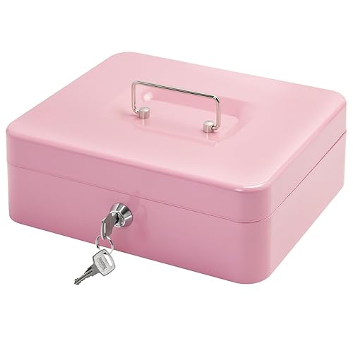 Steel Cash Box with Key Lock, Metal Small Money Organizer with Money Tray,Cash Storage Box with Lockable Cover (Pink - 9.8" x 7.8" x 3.3")